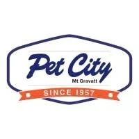 Logo for Pet City, Mt Gravatt, established in 1957, featuring a shield-like shape with the text PET CITY in bold, and a red banner with SINCE 1957.