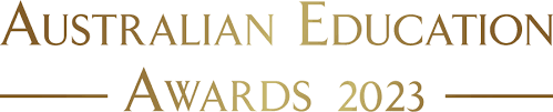 Australian Education Awards 2023 logo with gold text on a white background.