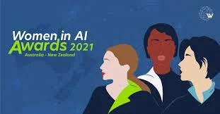 Graphic for Women in AI Awards 2021 in Australia and New Zealand, featuring three illustrated women with diverse appearances against a blue background.