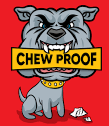Cartoon illustration of a dog wearing a gold chain with a chewing issue, with a sign that reads 'CHEW PROOF' in bold yellow letters.