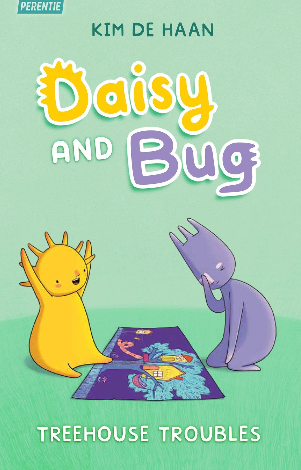 Daisy and Bug: Treehouse Troubles cover featuring two colourful cartoon creatures reading a comic together against a mint-green background.