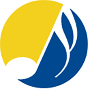 Abstract logo with yellow semicircle on left and blue curved shapes on the right.