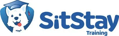 Logo for SitStay Training featuring a cartoon dog with a red tongue, blue badge, and the company name in blue text.