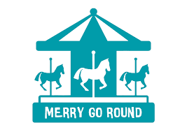 Silhouette of a carousel with three horses and a canopy, with the text 'MERRY GO ROUND' below.