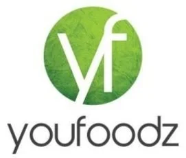 Logo for youfoodz with a green circle background and stylized lowercase 'yf' lettering, and the word 'youfoodz' below.