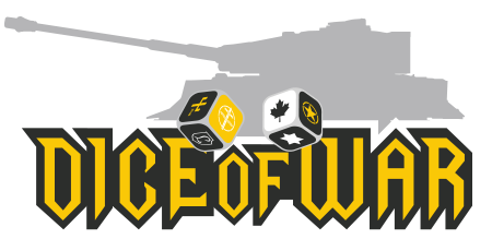 Logo for Dice of War with yellow and white text and gaming dice featuring symbols for snowflake, star, and other icons.