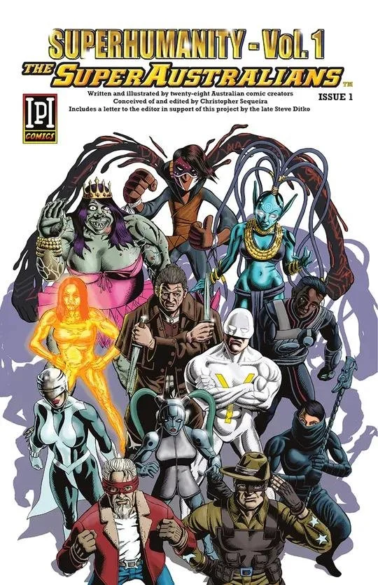 Superhumanity Vol. 1: The Super Australians comic book cover featuring a large ensemble of Australian superheroes in colourful costumes.