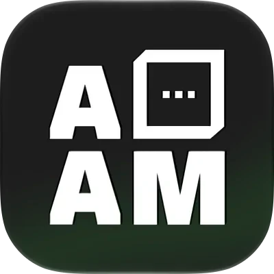 Ask a Mate app icon with white AM lettering and a chat symbol on black.