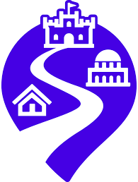 Icon of a castle, a house, and a domed building connected by a winding path in a purple circle.
