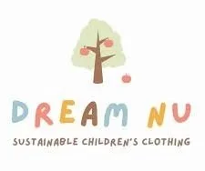 Illustration of a tree with pink leaves above the word 'DREAMNU' in colorful letters, and 'Sustainable Children's Clothing' written underneath.