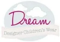 Logo with the words "Dream" in pink script and "Designer Children's Wear" in gray, set against a light blue background with clouds.