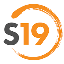 Logo with bold text 'S19' inside an orange circular brushstroke.