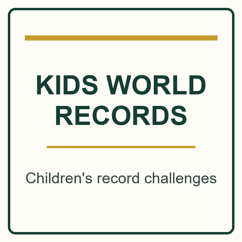 Text thumbnail for Kids World Records, an independent Canada-based platform for children to submit measurable record attempts through an adult account. Australian children can participate. First attempt generally free, with possible country-specific fee; later attempts cost $15 (currency unspecified). Optional certificates, medals and books cost extra.