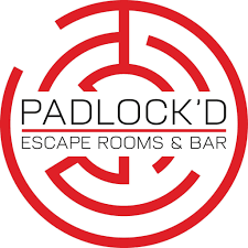 Logo for Padlock'D Escape Rooms & Bar with a red circular maze design