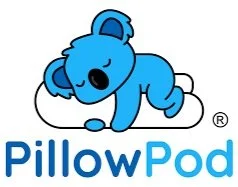 A blue cartoon bear sleeping on a white pillow, with the text 'PillowPod' underneath.