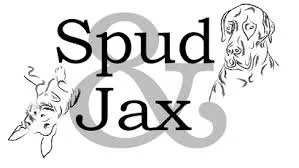 Logo with the text 'Spud Jax' and cartoon images of a smiling woman and a dog.