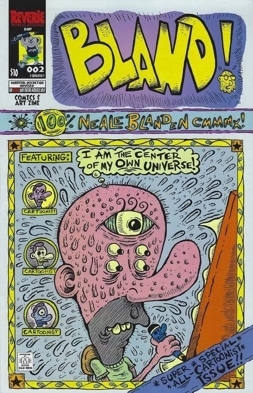 BLAND! comic book cover featuring a pink, multi-eyed creature and quirky cartoon illustrations in a hand-drawn style.