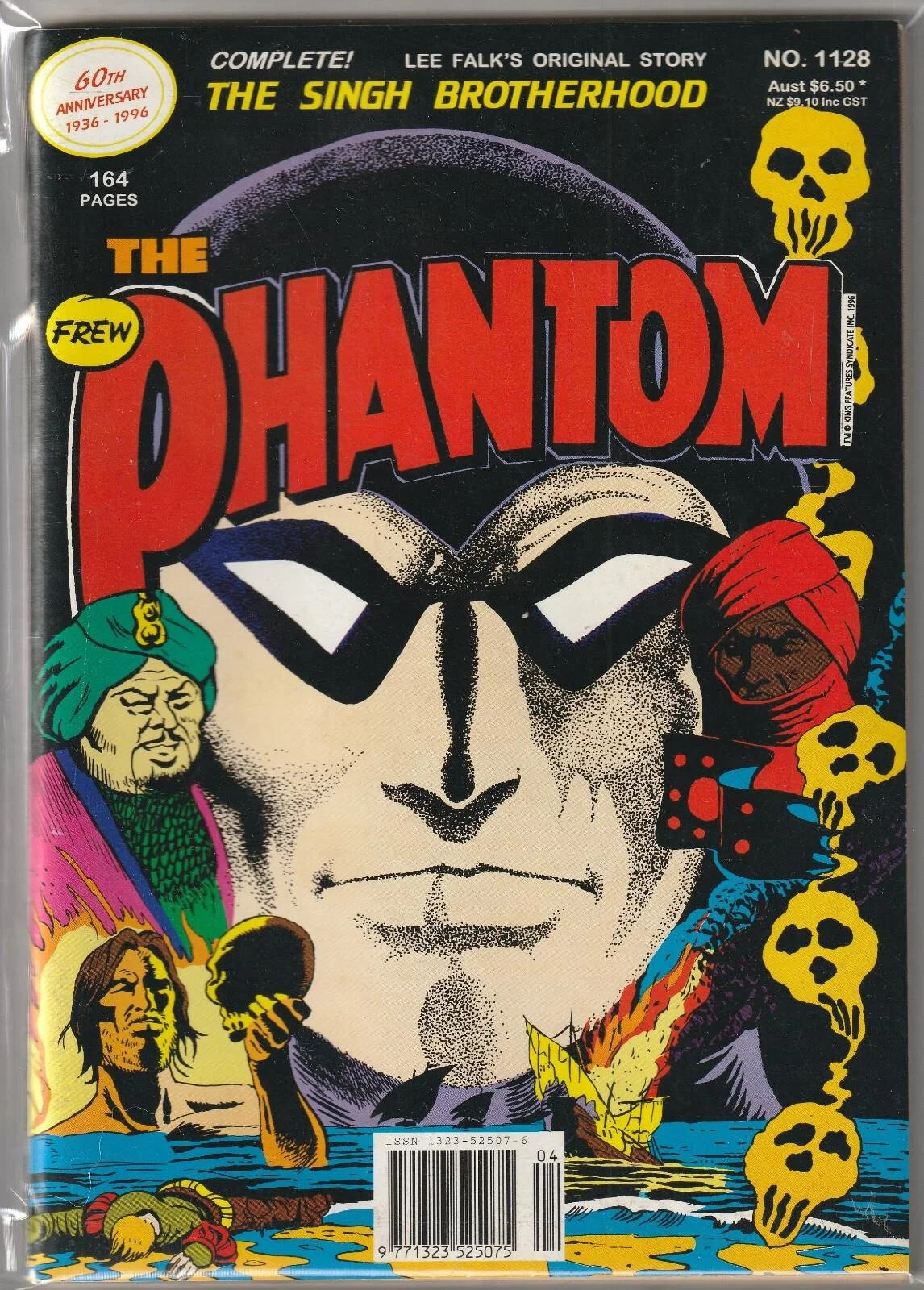 The Phantom comic book cover featuring a close-up of the masked superhero, surrounded by colourful characters and yellow skulls.