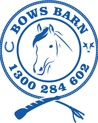 Logo of C. Bows Barn featuring a horse's head, a rope, and contact information.