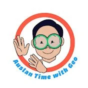 Cartoon character of a boy with glasses waving, surrounded by an orange circle, with the text 'Australian Time with Geo' below.