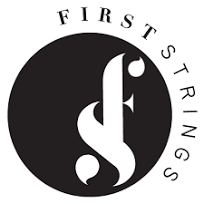 A circular logo with a black background and white design, featuring a stylized letter 'f' and the words 'FIRST STRINGS' arranged around the circle.