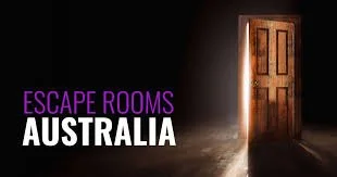 Open wooden door with light shining through, dark room background, text 'Escape Rooms Australia' in purple and white.