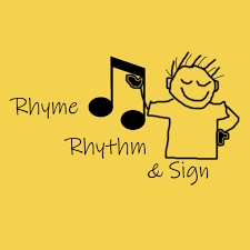 A drawing of a smiling person with spiky hair, holding a sign, with music notes and the words 'Rhyme', 'Rhythm', and '& Sign' on a yellow background.