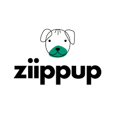 Logo of Ziippup featuring a cartoon dog face with a teal nose and black ears, above the brand name in bold black letters.