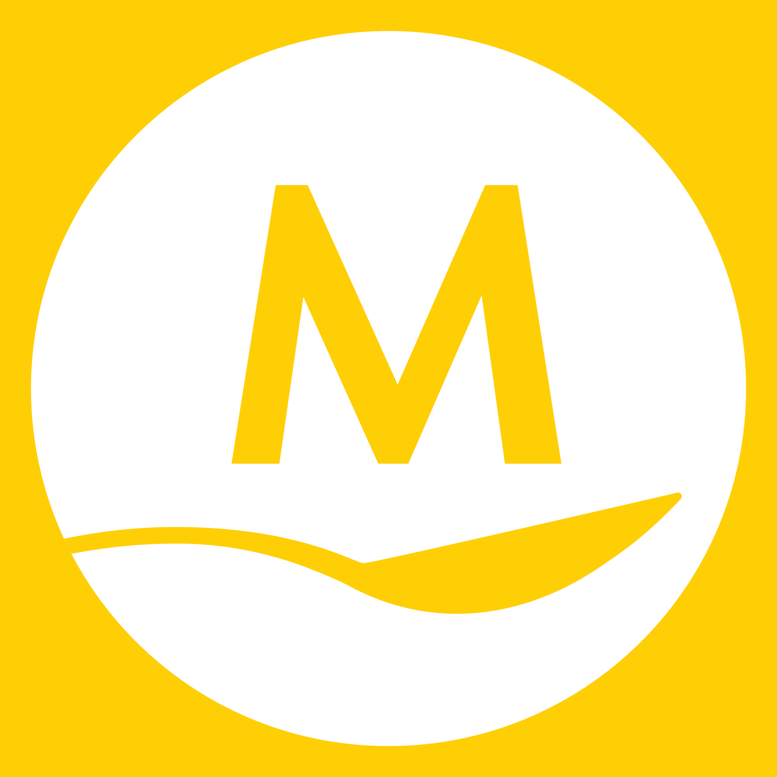 A yellow square background with a white circle centered inside it. Inside the circle, there is a large yellow letter M. Below the M, there is a yellow curved line resembling a smile.