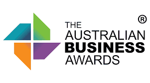 Logo for The Australian Business Awards with colorful geometric shapes and text.
