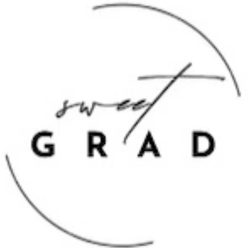 Graduation cap with the words 'Grad' and 'w' written above, surrounded by decorative curved lines.