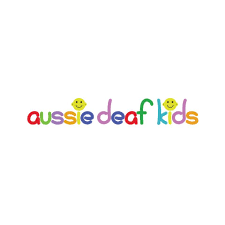 Colorful text spelling 'aussie deaf kids' with smiley face accents on a white background.