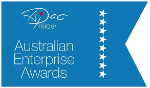 Australian Enterprise Awards badge with blue background and white star icons