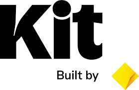 Logo with the word 'kit' in large black letters and the phrase 'Built by' below it, alongside a yellow diamond shape.