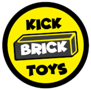 Kick Brick Toys logo with yellow background and black, white, and gray text and graphics.