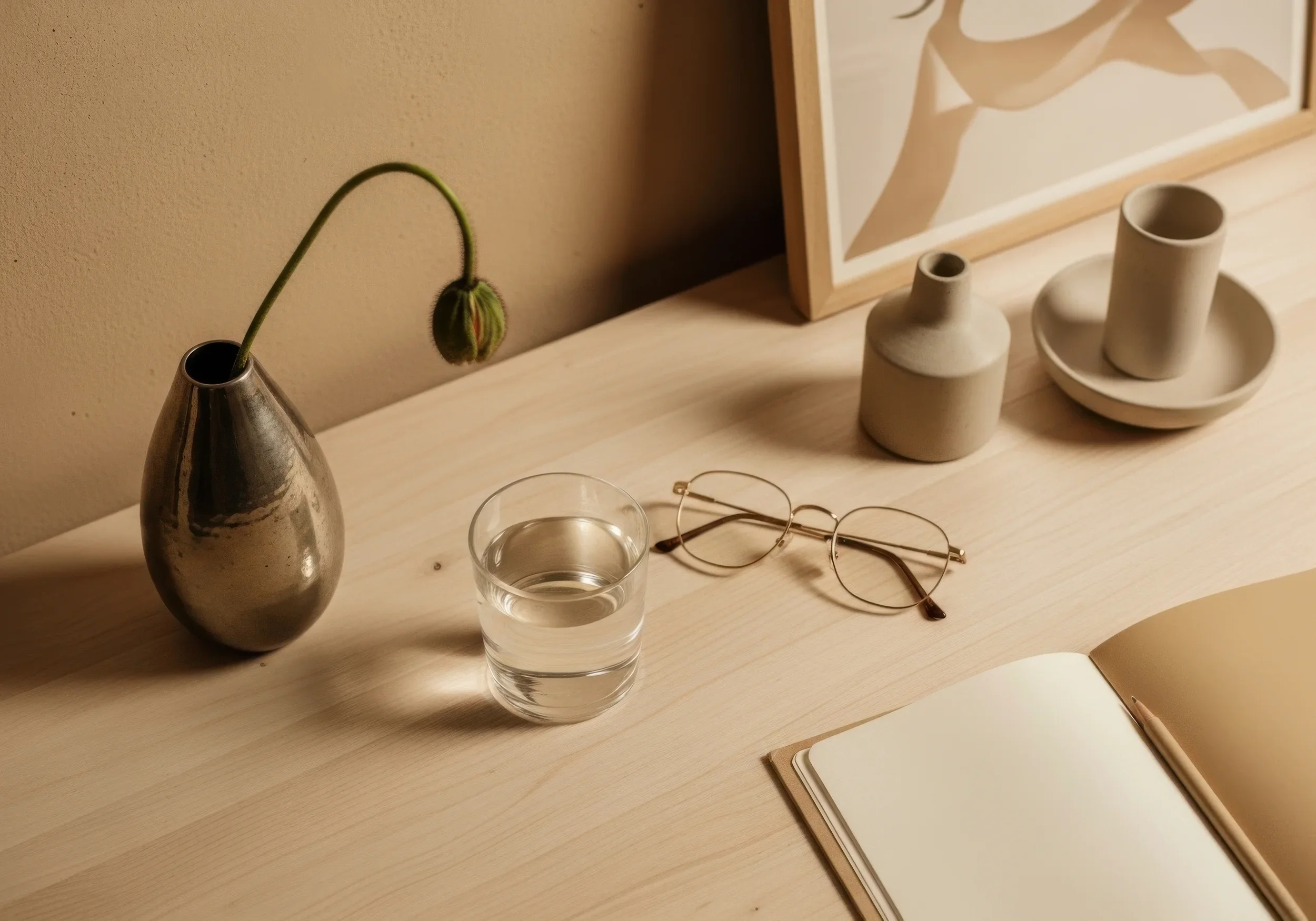 Un vase en métal avec une branche de fleur épanouie, un verre d'eau, une paire de lunettes, deux petits vases en céramique, un livre ouvert, et un tableau abstrait sur une surface en bois clair.
