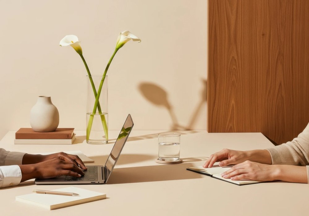 Two people discussing work at a desk, one using a laptop and the other taking notes, with a notebook, pen, glass of water and tablet, and white calla lilies and books in a modern workspace.