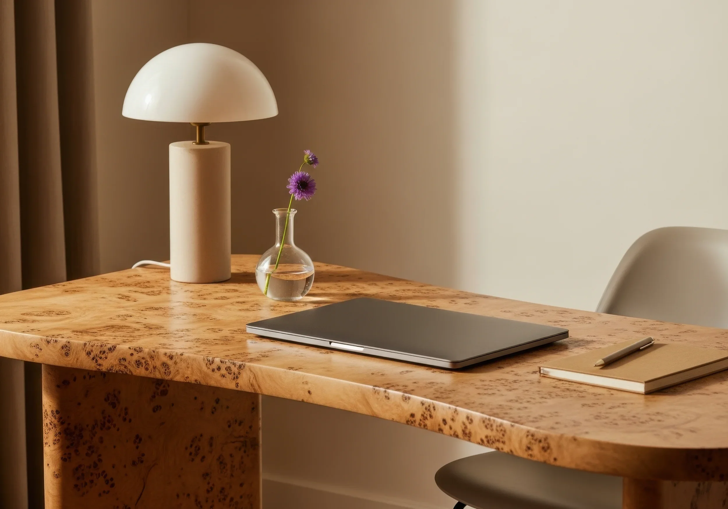 Une table en bois clair avec une lampe beige, une petite bouteille en verre avec des fleurs violettes, un ordinateur portable gris, un carnet beige et un stylo, dans une pièce lumineuse.