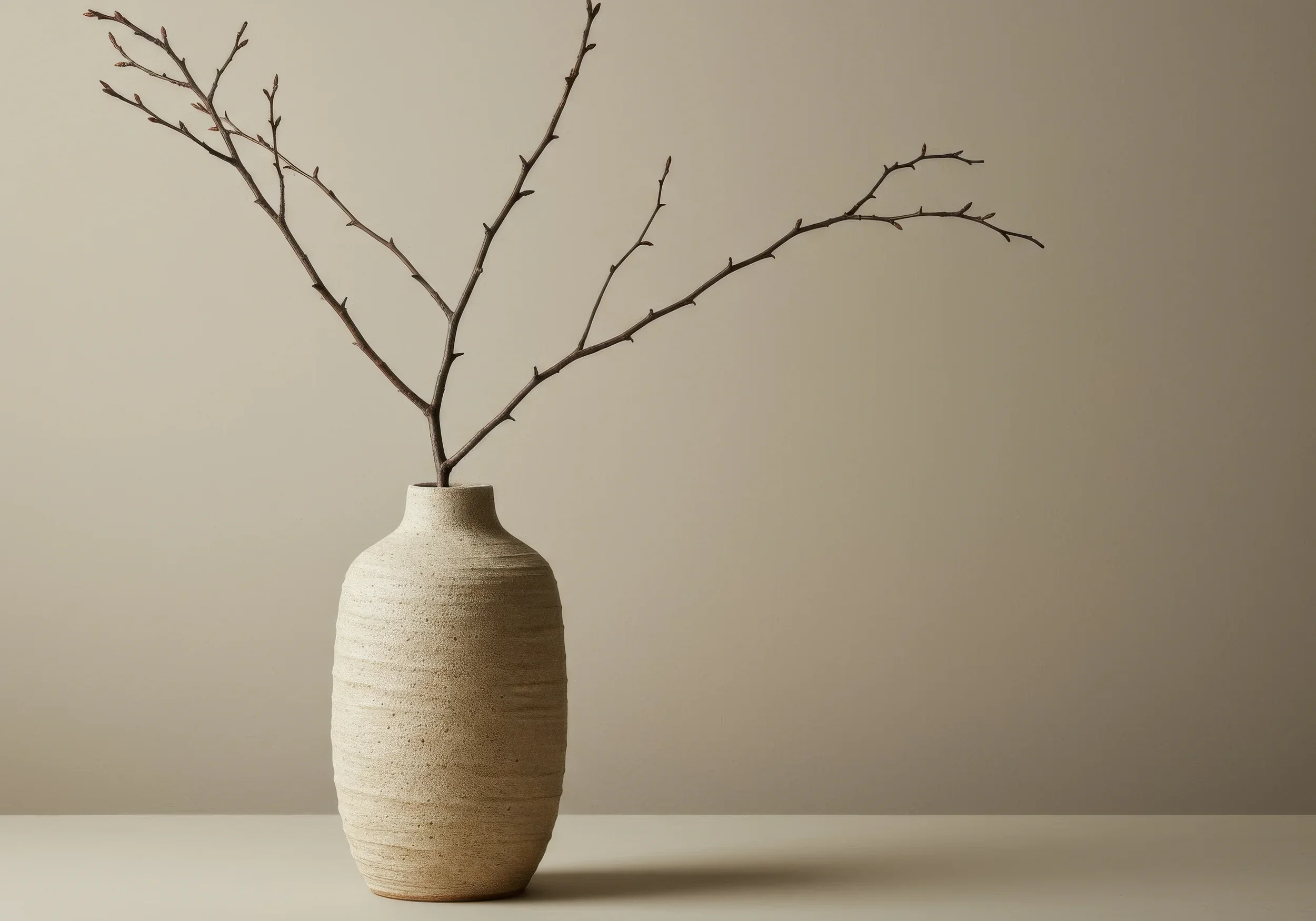 Vase en céramique beige contenant des branches d'arbre nues avec de petites pousses.