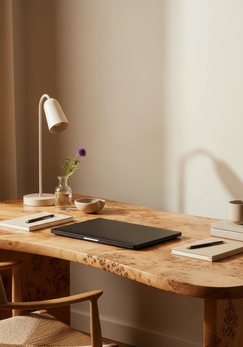 A wooden work surface with a laptop, notebook, pen, small plant in a glass vase, lamp and stacked books or notebooks.