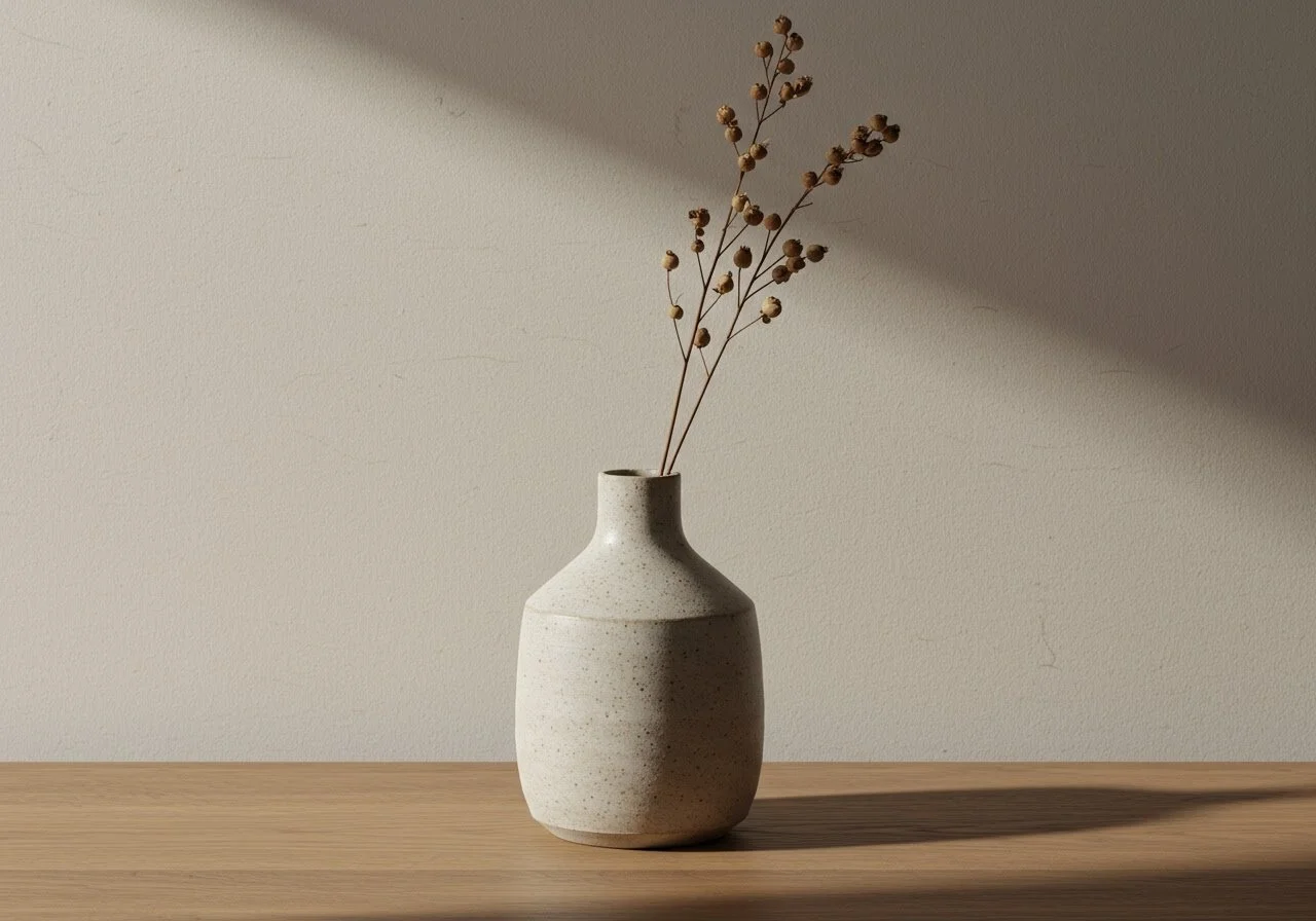 Vase beige simple avec des branches sèches, posé sur une surface en bois, avec une lumière naturelle créant une ombre douce.