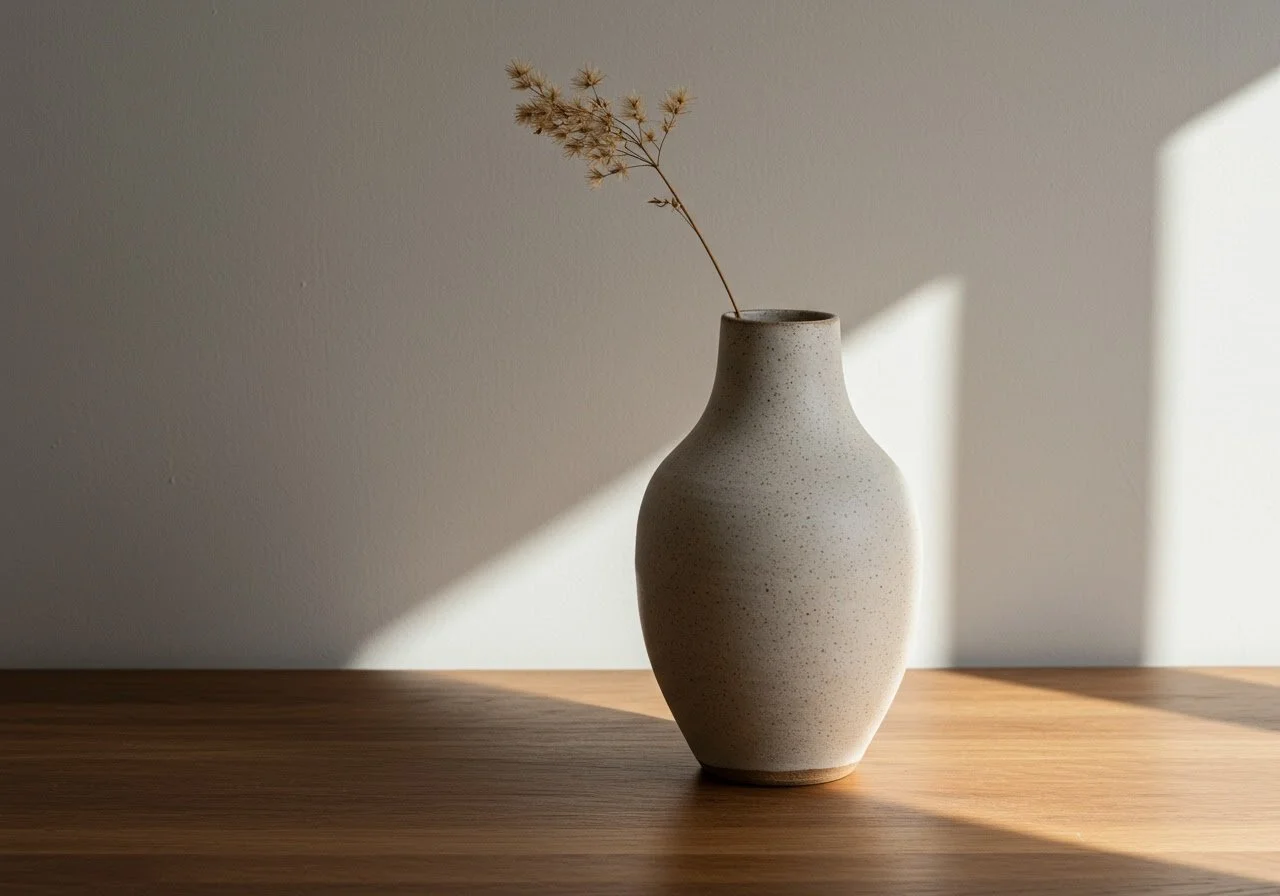 Vase en céramique beige avec une branche sèche, posé sur une table en bois, avec un jeu d'ombres et de lumière sur le mur en arrière-plan.