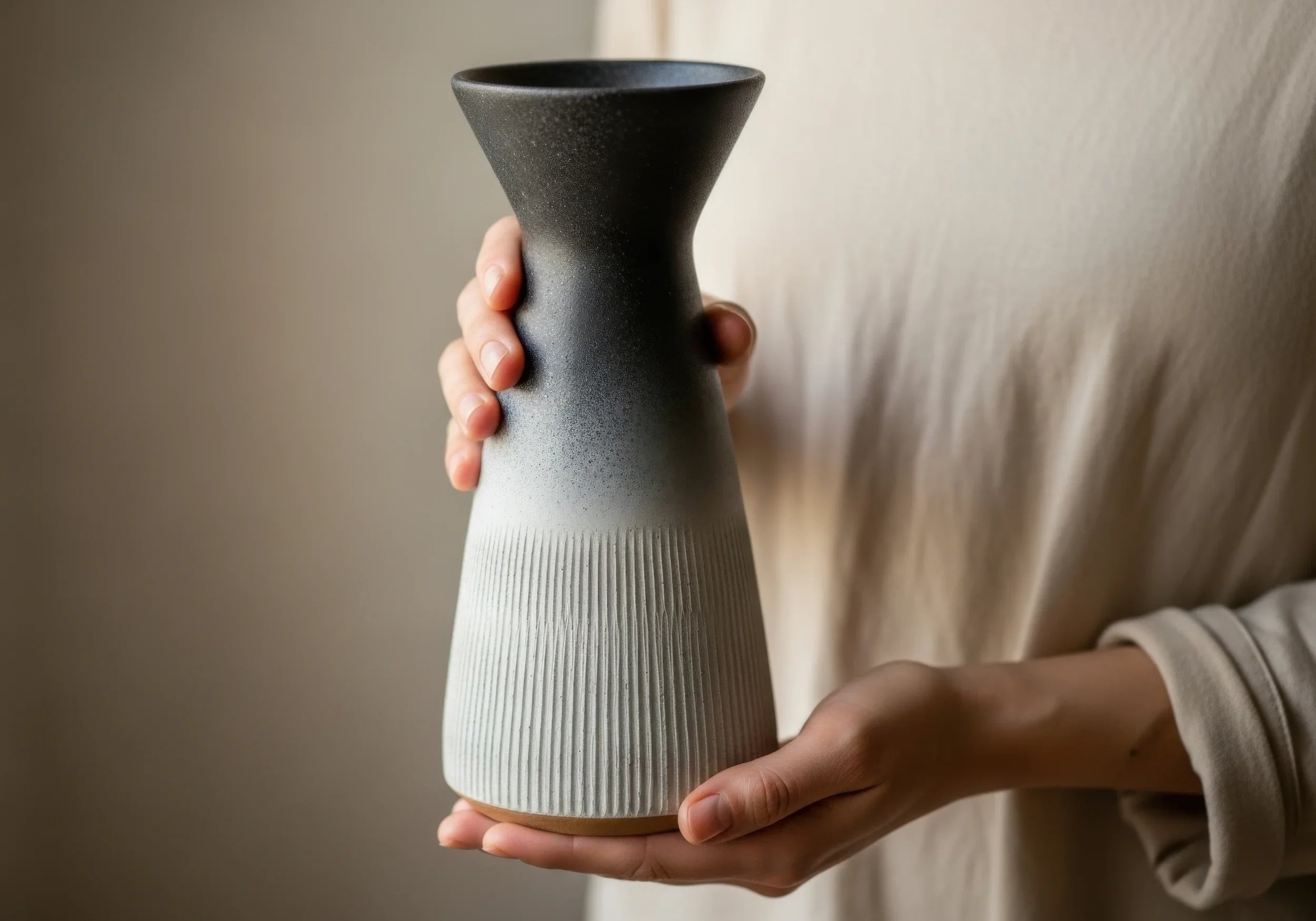Une personne tient une petite vase noire avec un design texturé, un dégradé de noir à blanc, en utilisant les deux mains contre un fond neutre.