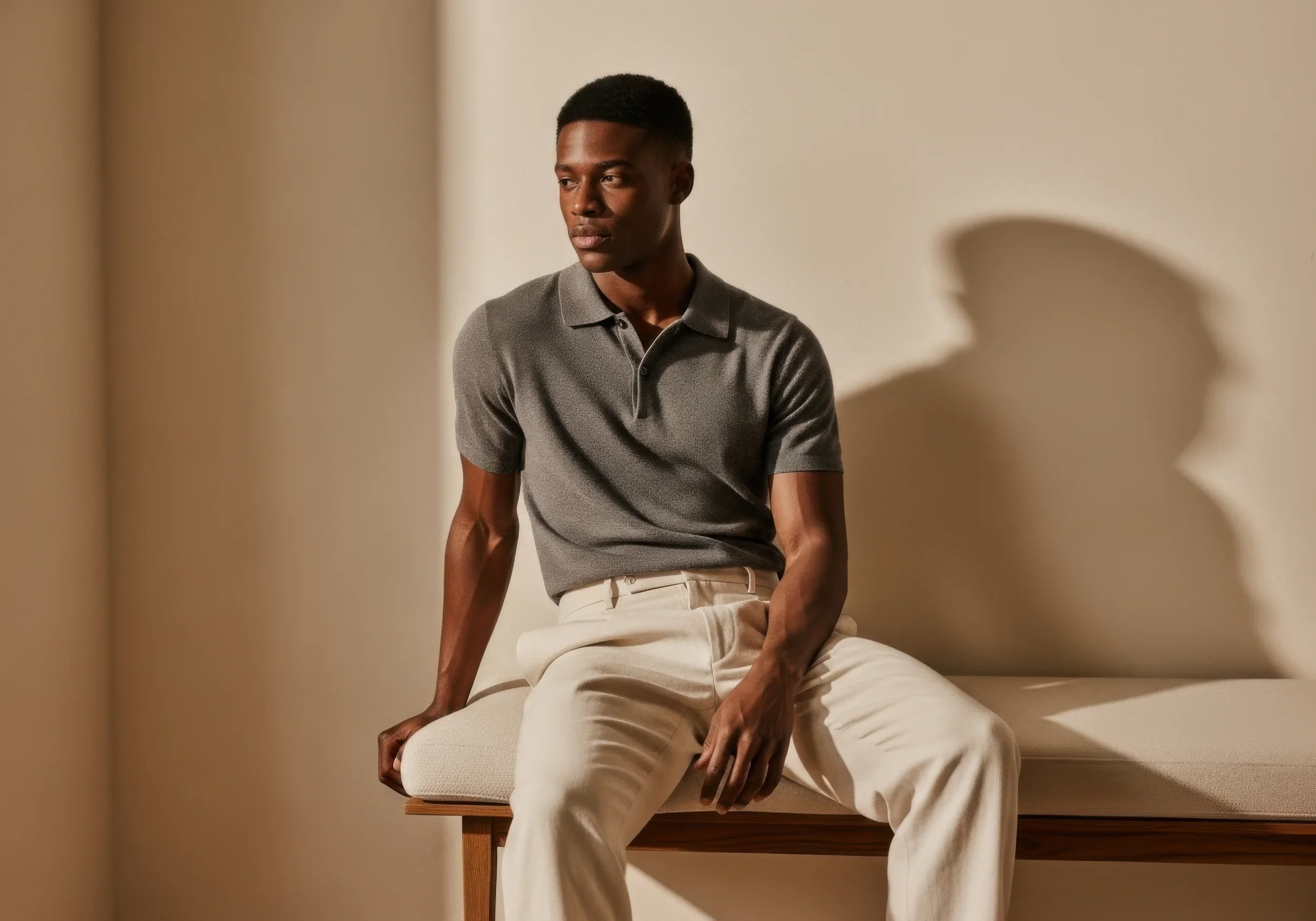 Un jeune homme noir assis sur un banc, portant un polo gris et un pantalon blanc, dans une pièce aux murs beige, créant une ombre sur le mur derrière lui.