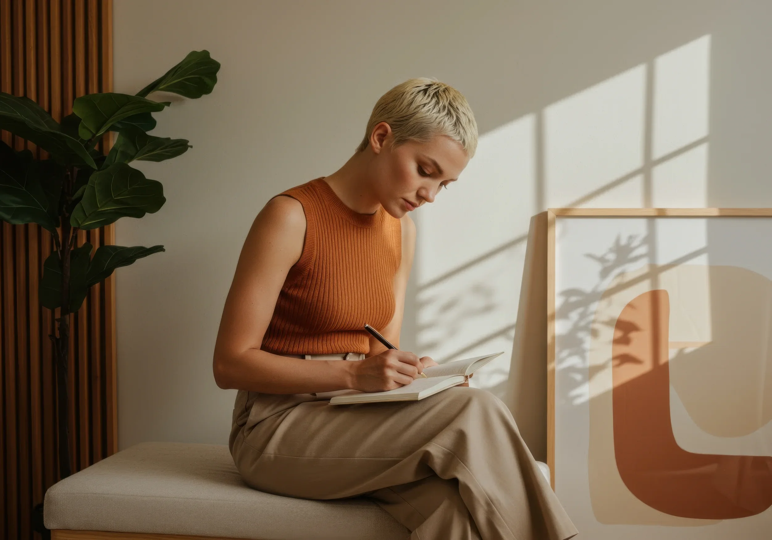 Une femme aux cheveux courts et blonds, habillée d'un haut sans manches orange et d'un pantalon beige, assise sur un banc en cuir beige dans une pièce lumineuse, en train d'écrire dans un carnet, avec un tableau abstrait derrière elle et une grande plante à gauche.