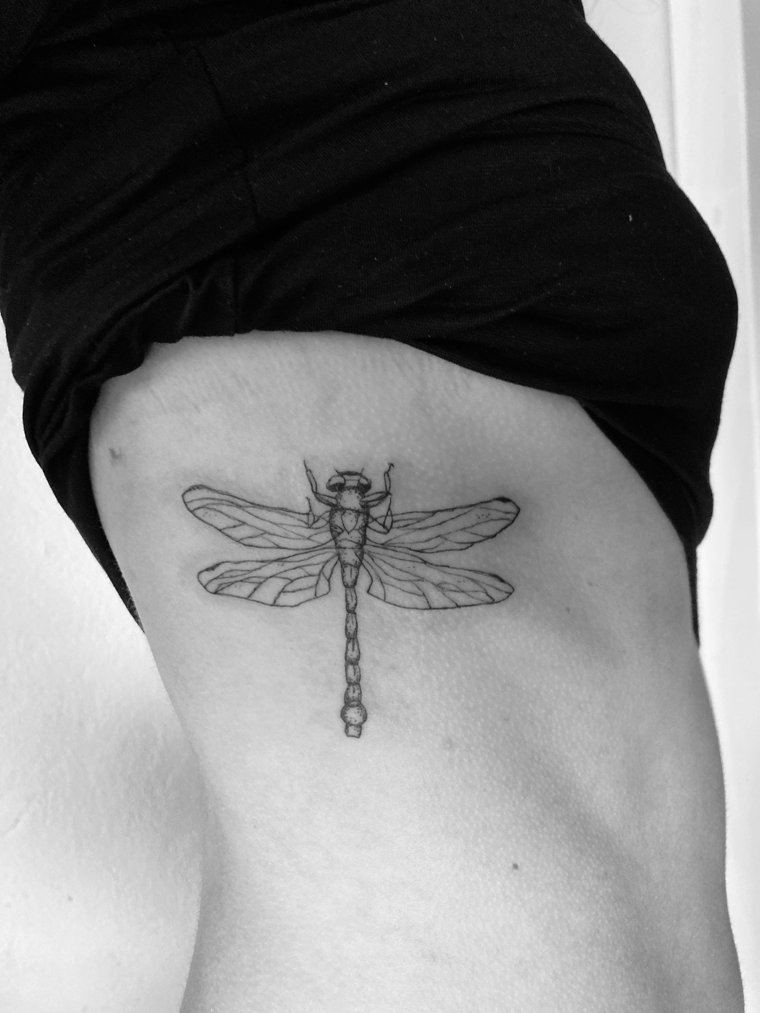 Fineline-Tattoo einer Libelle auf den Rippen von Rahel Bachem 