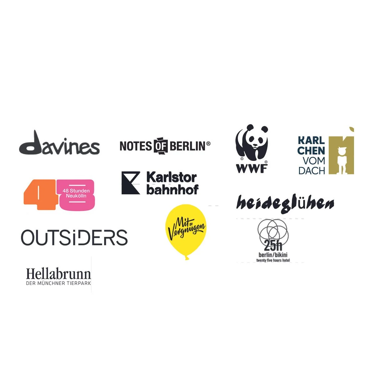 Logoleiste von Tattoomat davines, notes of berlin, wwf, karlchen vom Dach, 48 Stunden NEukölln, Mit Vergnügen, Heideglühen, 25h, outsiders, Tierpark hellabrun