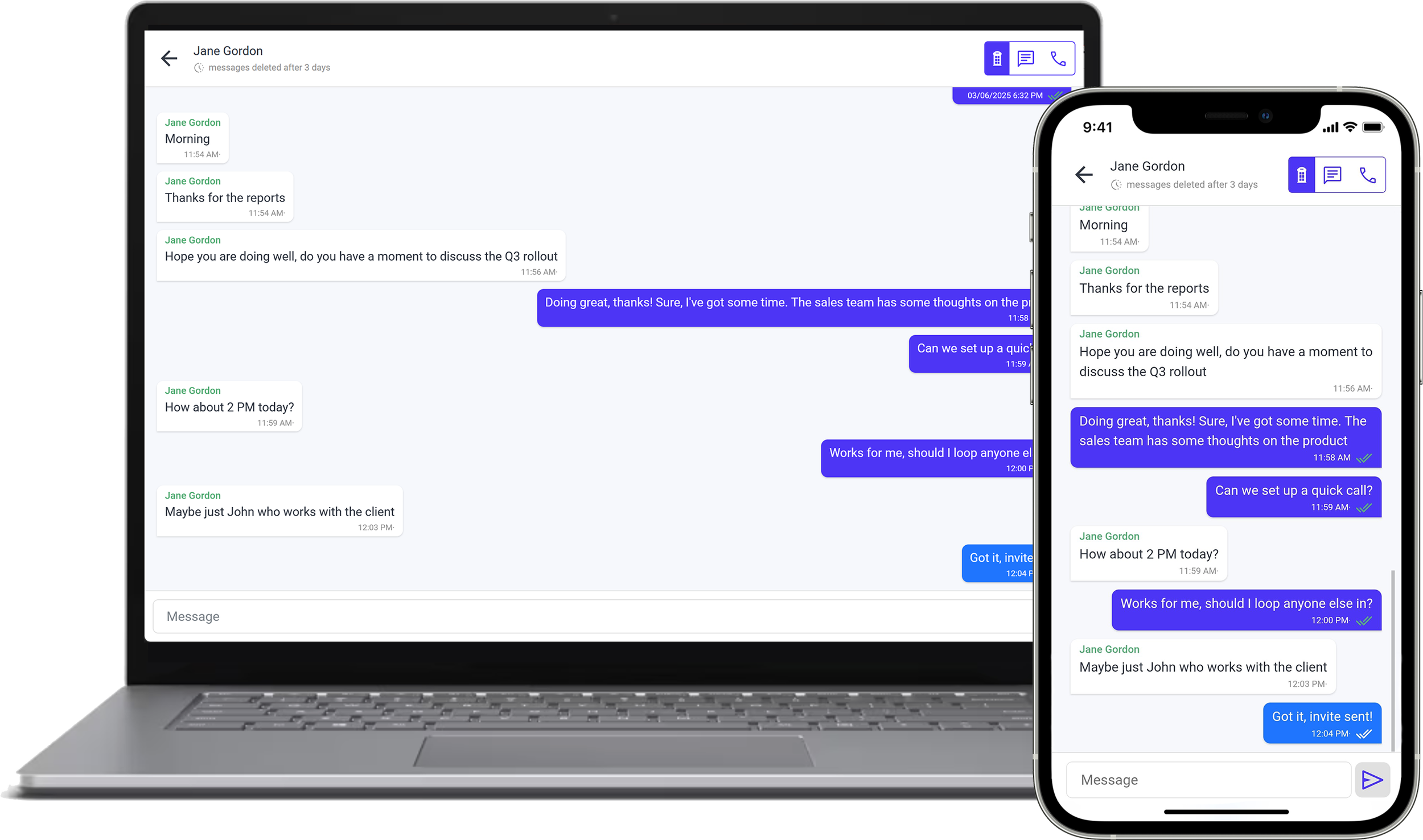 Screenshot of a messaging app open on a laptop and a smartphone, showing a conversation between Jane Gordon and another person. The chat history includes times and messages about scheduling a meeting and discussing a sales team review.