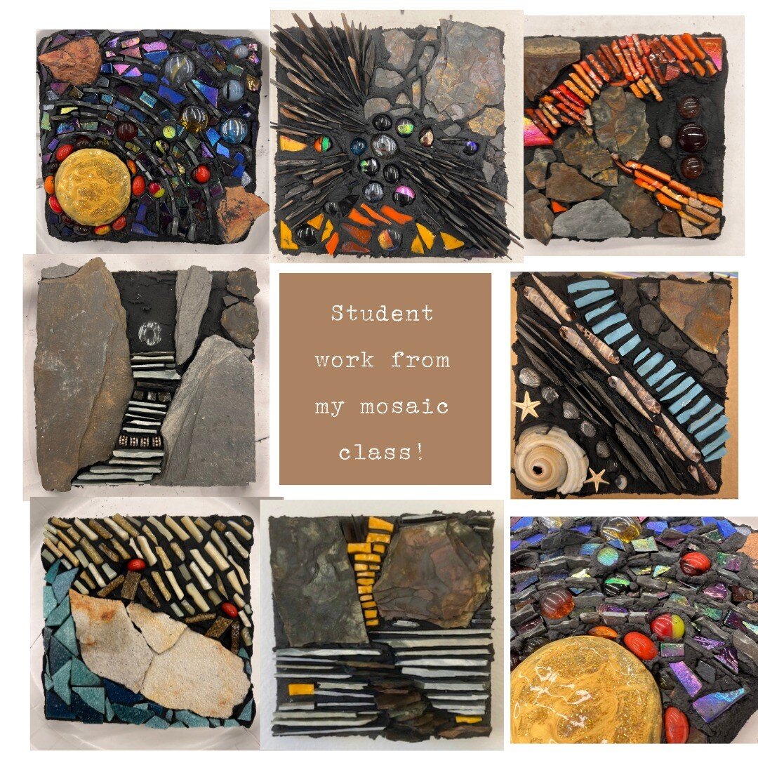 Check out the beautiful work that students made in my workshop this weekend! We had fun mixing slate, shale, shells, and other natural materials with glass. 

#mosaicclass #mosaicworkshop #artclass #slateart #naturalmaterials #stickitdown #funworksho