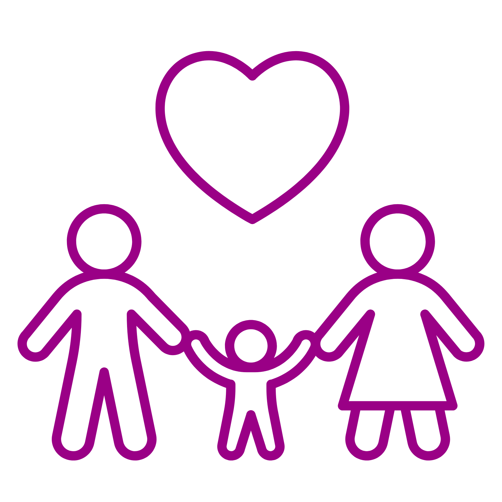 Line drawing of a family holding hands, with a heart above them.